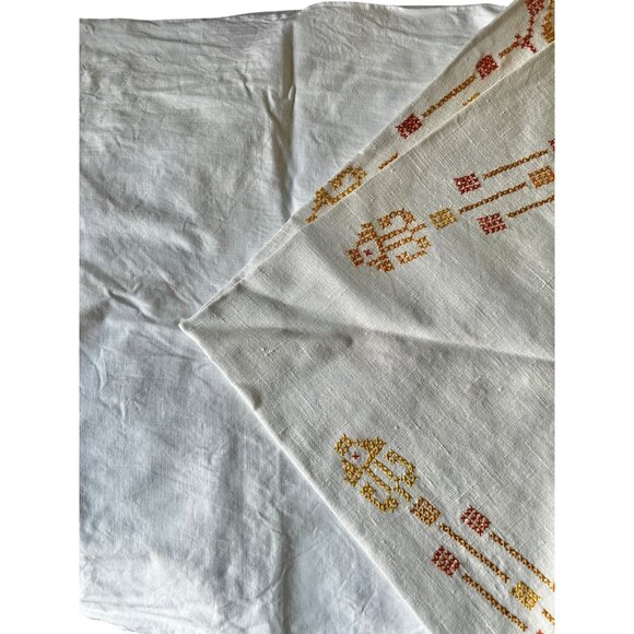 Round Embroidered Tablecloth Cross-Stitch Crocheted Scalloped Edges 38.5 Dia VTG - Picture 9 of 10